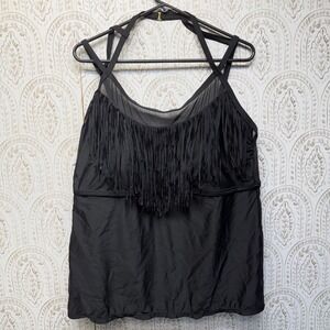 Catalina Tankini Swim Top Womens 2X Black Fringe Mesh Halter Plus Size Swimwear